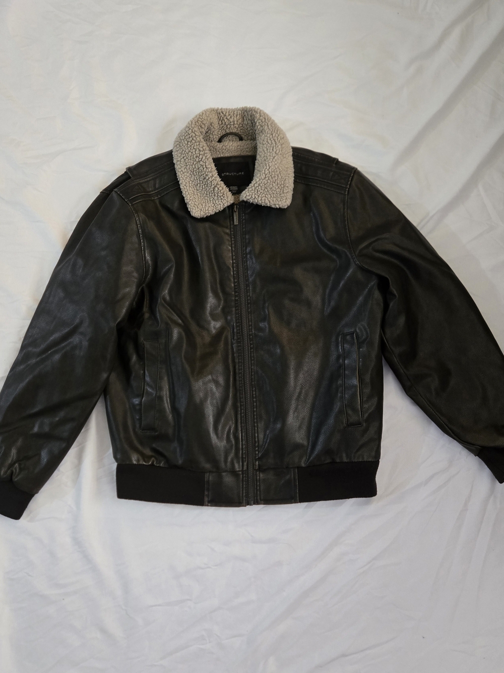 Men's Dark Brown Faux Leather Bomber Jacket with Contrast Sherpa Collar